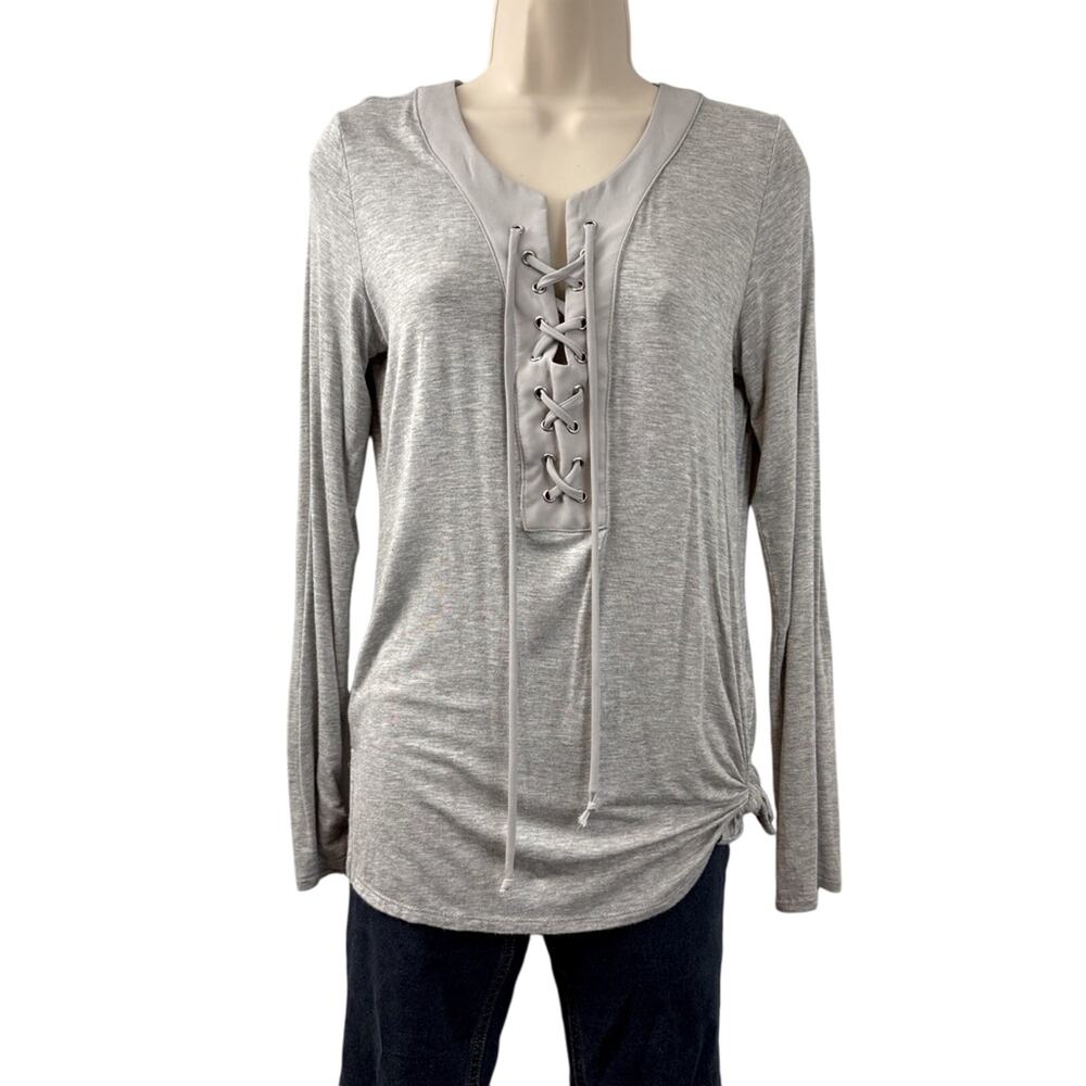 Harlowe & Graham Gray Lace Up Front Top Long Sleeve Side Knot Accent Soft Knit